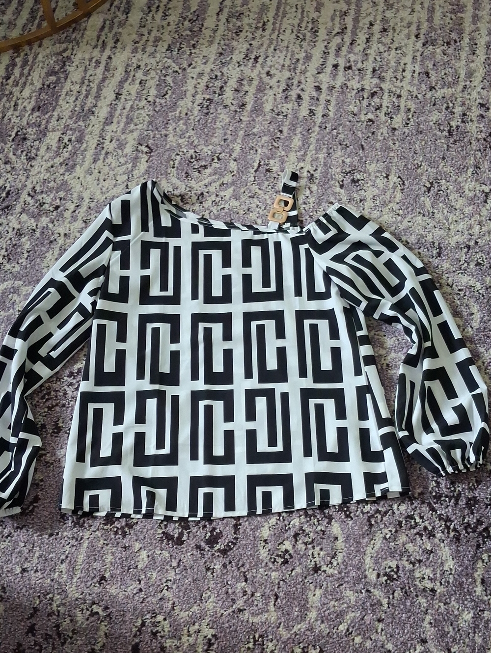 Black & White Geometric One-Shoulder Blouse with Buckle Strap - Picture 1 of 5